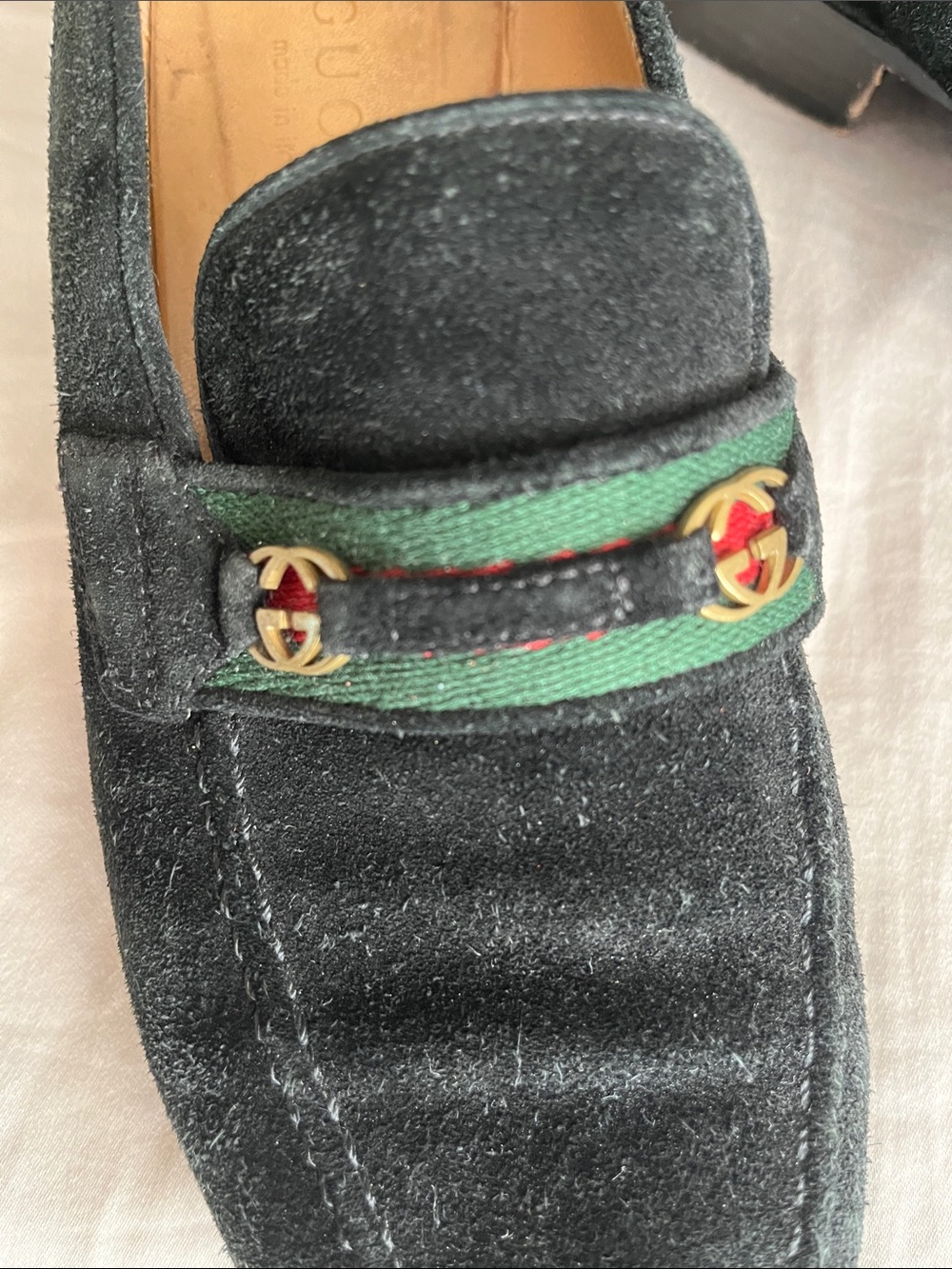 Vintage Gucci Black Suede Loafers with Green-Red Web Size 6.5 or 7 - Picture 5 of 6